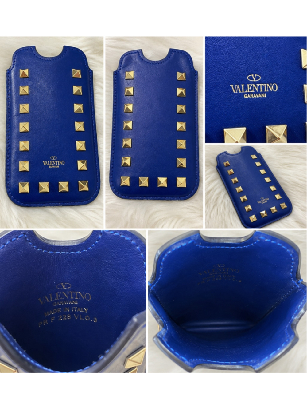 Valentino Garavani Blue Rockstud Leather Phone Sleeve Pouch Made in Italy
